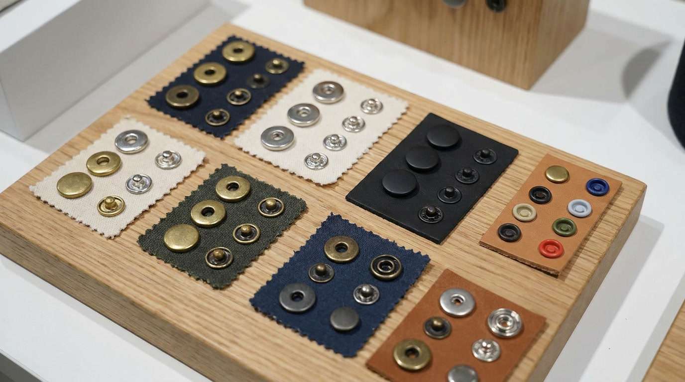snap button post component, The snap button post component is shown as part of several complete snap fastener sets mounted on different fabric samples.
